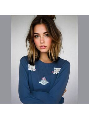 Vintage Black Sweater Lace Appliques Amana Woolen Women's M